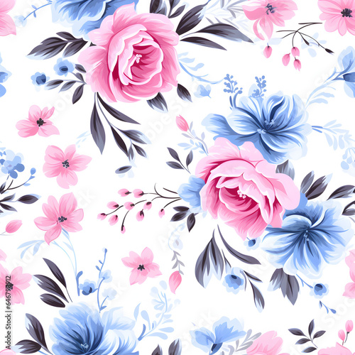 Seamless pattern pink and blue flower in white, floralpunk, dollcore, white background, captivating, pastel - hued, victorian

 photo