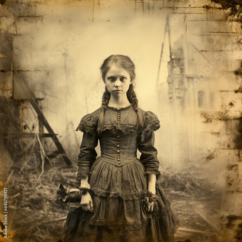 Photograph with stained edges, water stains and mold of a young girl standing