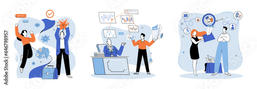 Successful project launch. Vector illustration. A development project idea, blueprint for potential innovations to come Project launch management, driver navigating road to successful project