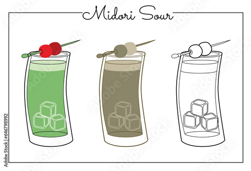 Alcohol drinks line art illustration. Vector illustration Midori Sour