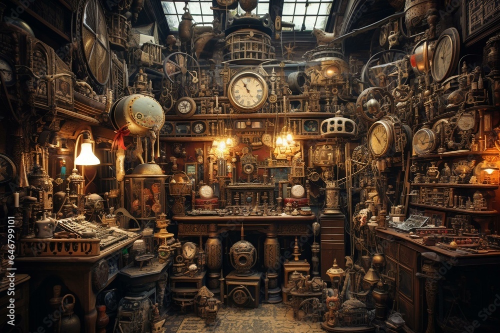 Naklejka premium A chaotic vintage shop with a myriad of intriguing and enigmatic artifacts. Artistic representation. Generative AI