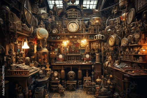 A chaotic vintage shop with a myriad of intriguing and enigmatic artifacts. Artistic representation. Generative AI