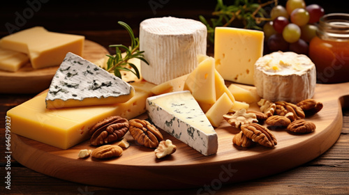 Delicious Cheese board. Assortment of cheese, camembert brie Gorgonzola parmesan and nuts and herbs.