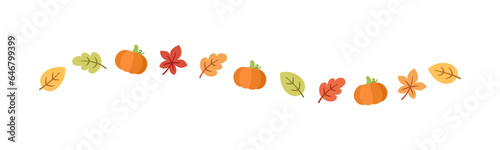 Autumn leaves and pumpkins separator border for Fall and Thanksgiving season. Vector isolated on white background.