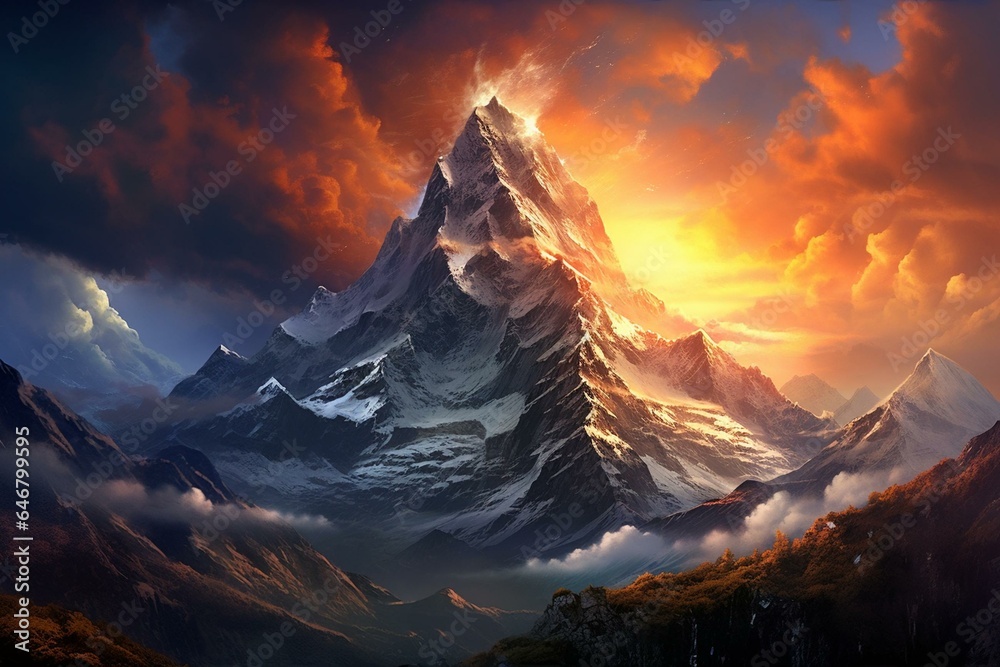 Digital illustration of a fantasy landscape. Massive mountain, clouds, sun, and snow. Generative AI