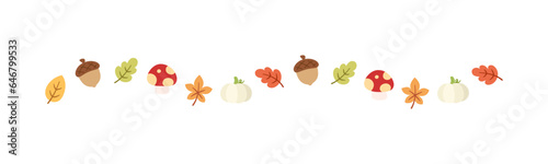 Autumn leaves and elements separator border for Fall and Thanksgiving season. Vector isolated on white background.