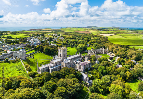 St Davids Cathedral from a drone, St Davids, Haverfordwest, Pembrokeshire, Wales, England photo