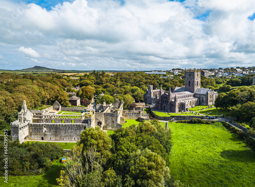 St Davids Cathedral from a drone, St Davids, Haverfordwest, Pembrokeshire, Wales, England