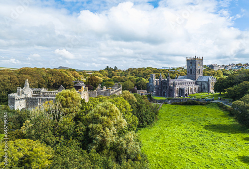 St Davids Cathedral from a drone, St Davids, Haverfordwest, Pembrokeshire, Wales, England