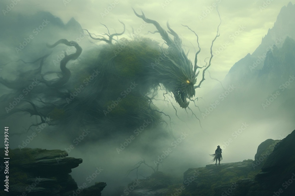 mysterious creature in misty mountain landscape. Generative AI - obrazy, fototapety, plakaty 