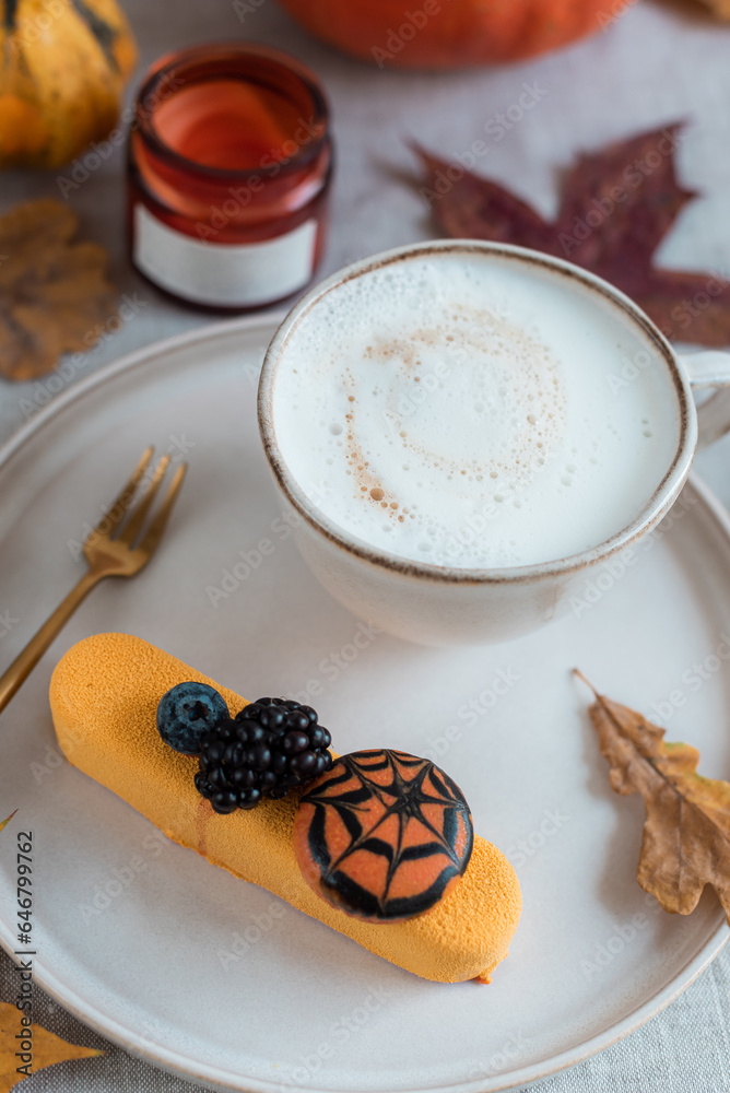 Cappuccino with Cake Autumn Time Halloween Holiday Cappuccino with Cake Autumn Time Halloween Holiday