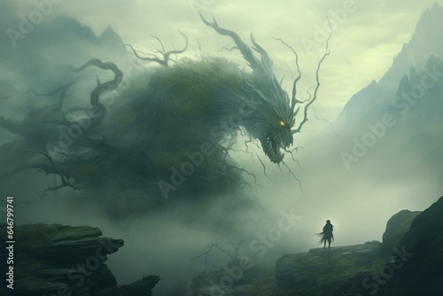 mysterious creature in misty mountain landscape. Generative AI photo