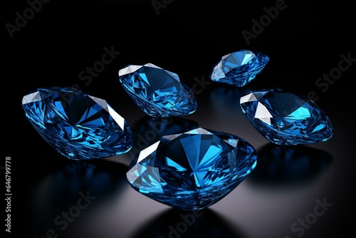 3D illustration of blue diamonds on black background. Generative AI