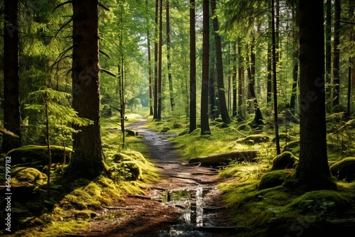 Scenic trail through Swedish woodlands. Generative AI