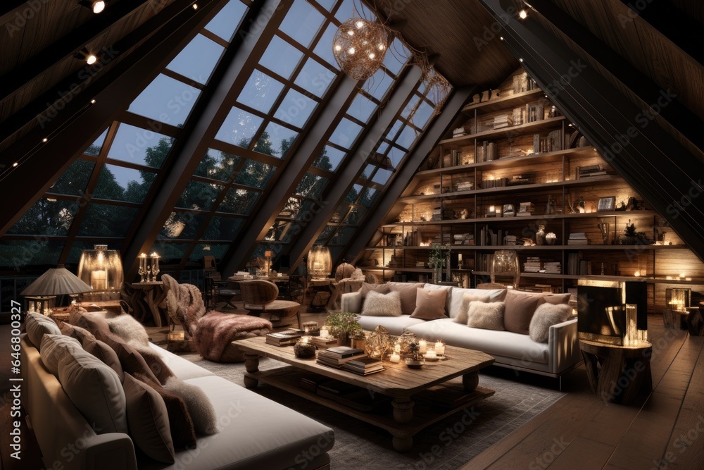 Elegant attic decorated as living room. Generative AI