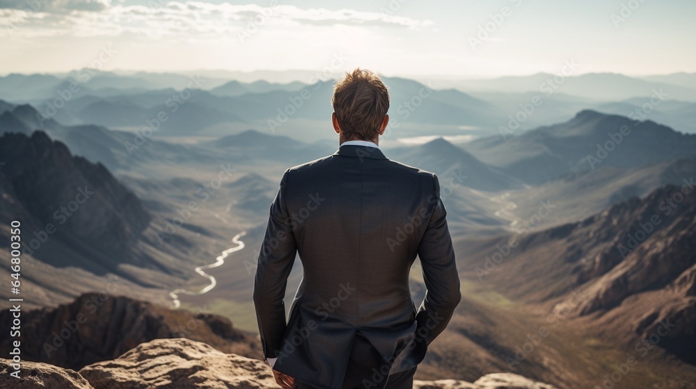 Fototapeta premium Rear view of a man standing on the top of a steep mountain