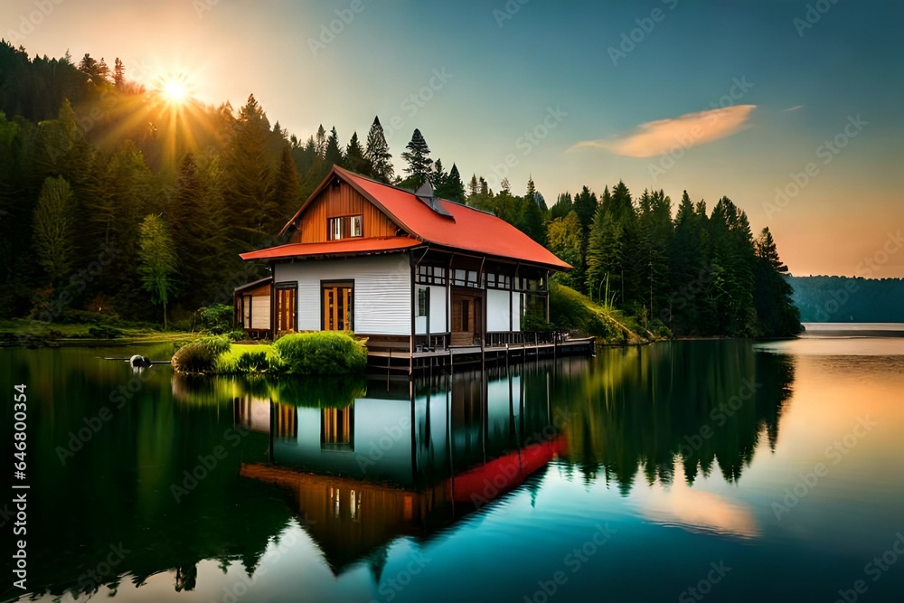 reflection of the house in the lake