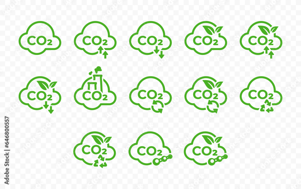 Reducing carbon emission vector icons set. Reduce co2 gas graphic design. Ecology and environment concept Reducing carbon emission vector icons set. Reduce co2 gas graphic design. Ecology and environment concept
