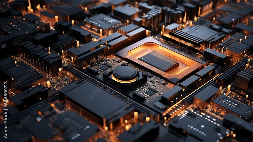 Macrophotography of a Computer motherboard 3D city, AI Generative