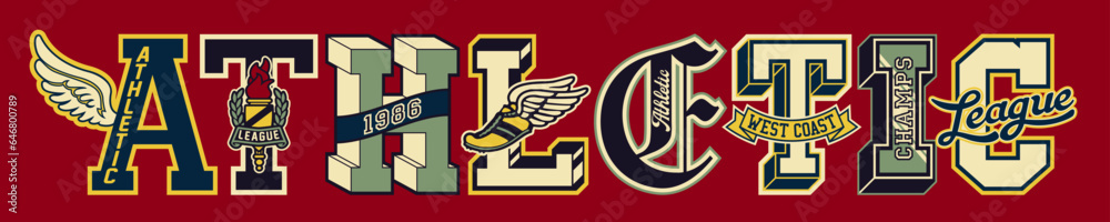 Fototapeta premium Varsity collegiate athletic initial letters font embroidery patches vintage vector artwork for boy man t shirt sweatshirt bomber jacket