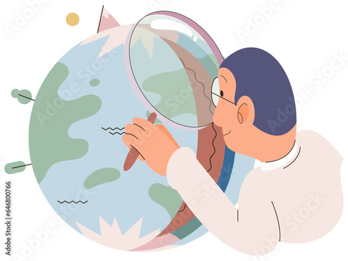 Scientist studying earth layers, examines section of globe with magnifying glass. Core, mantle, crust and lithosphere geological examination and inner section structure exploration with planet model