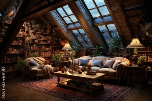 Elegant attic decorated as living room. Generative AI