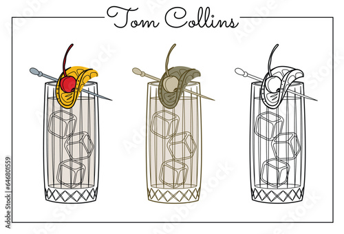 Alcohol drinks line art illustration. Vector illustration Tom Collins