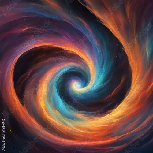 Colorful swirly colors forming a round vortex with a black hole.