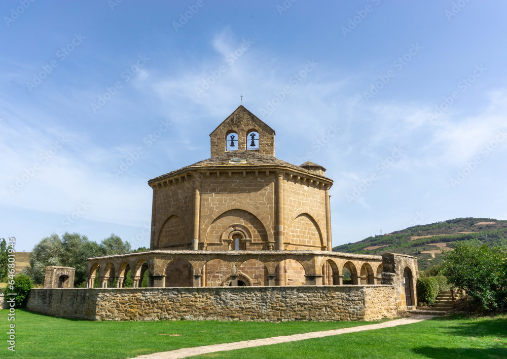 Romanesque church of Santa María de Eunate (12th century). It is characterized by its exterior cloister. Muruzábal, Navarre, Spain.
