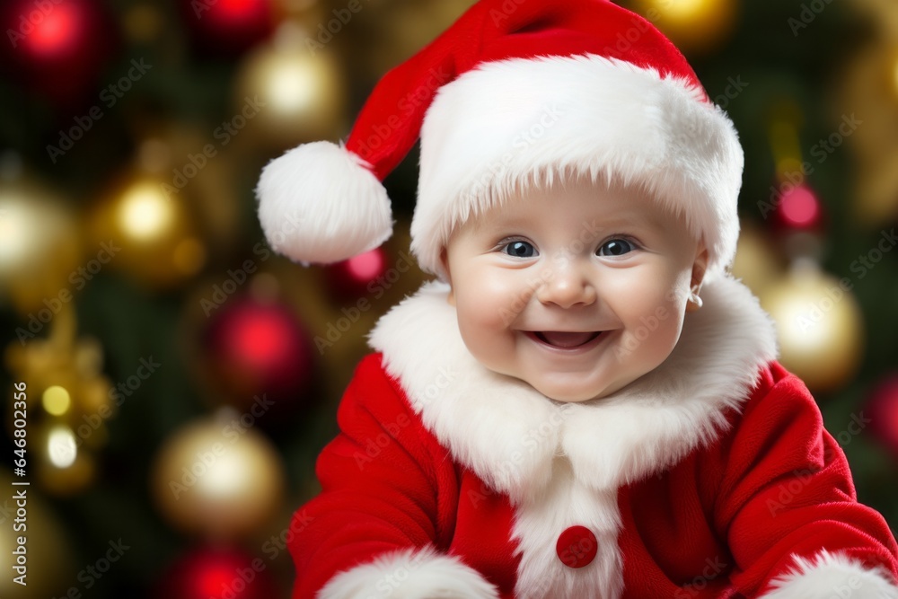 クリスマスにサンタクロースの衣装を着ているかわいい赤ちゃん