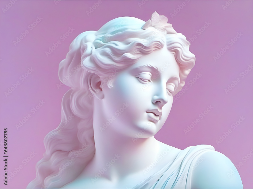 Statue of the head of beautiful woman in a pensive pose on a pink background. - obrazy, fototapety, plakaty 