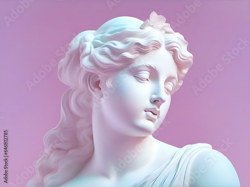 Statue of the head of beautiful woman in a pensive pose on a pink background. photo