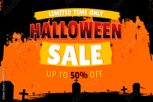 Halloween Sale Poster Design with tomb on orang Background.