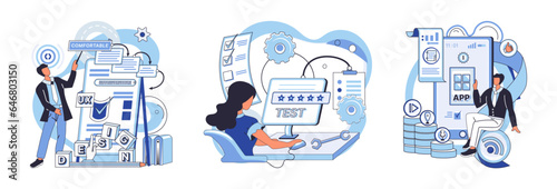 Application testing metaphor. Vector illustration. Application testing, refining process for well-oiled software mechanism App test, mock drill that prepares app for real-world scenarios Software