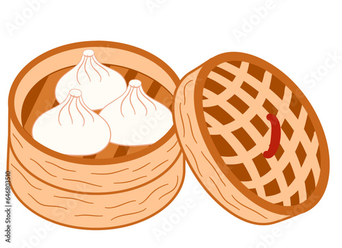 Dim sum, traditional Chinese dumplings, in bamboo steamer basket. Asian food vector illustration. Vector illustration