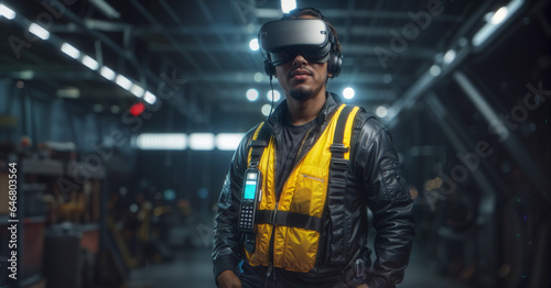 Modern engineer in a reflective vest in vr glasses, futuristic industry worker exploring smart factory, man in reality headsets exploring VR technology, Generative A.I,