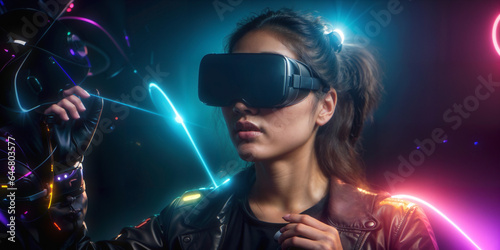 Beautiful Asian girl in vr glasses, Metaverse woman in reality headsets exploring VR world, light swirls, glow, lens effects, cinematic, new technologies, future entertainment, Generative A.I,