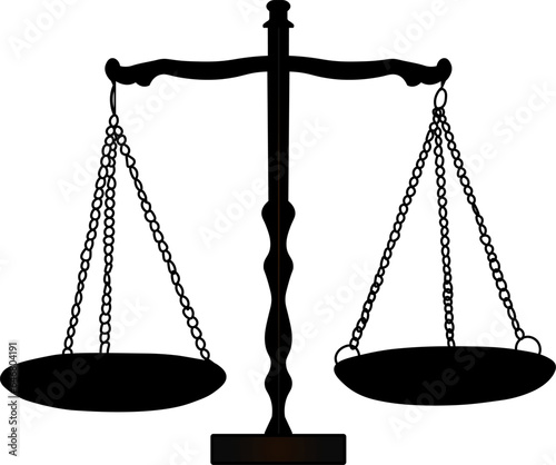 Balance scales black icon. Judge scale silhouette image, trading weight and law court symbol vector illustration, black truth balancing elements on white background