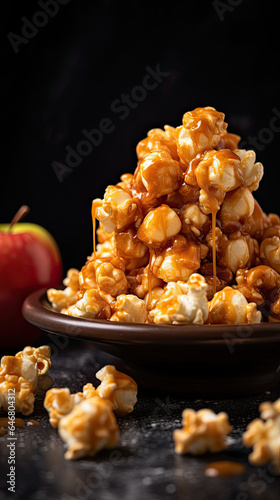 Caramel Apple Popcorn sitting on a plate on dark concrete table