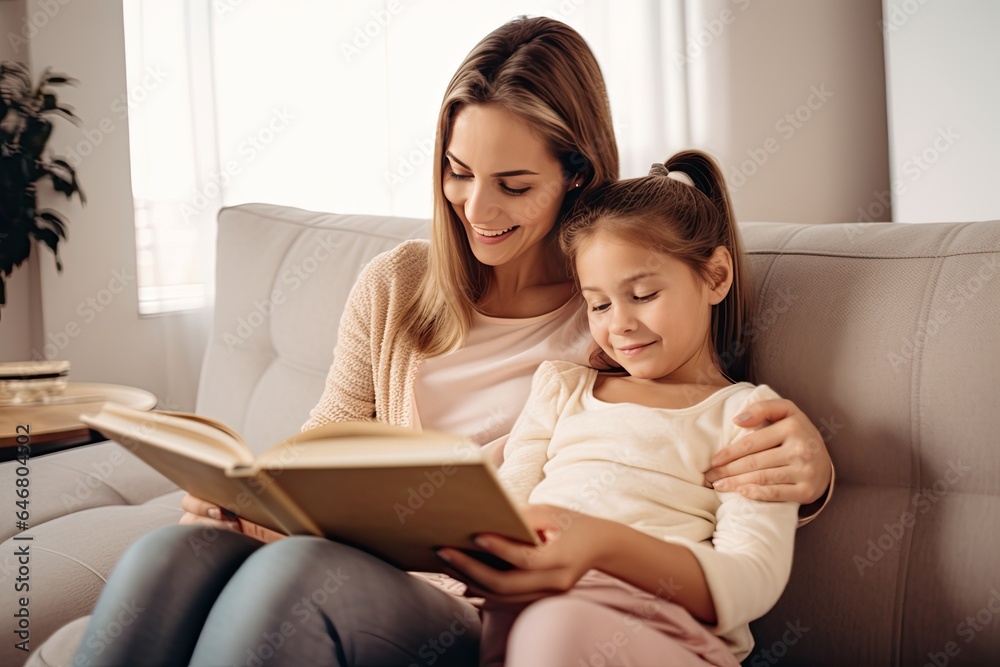 A loving mother and her little daughter are spending quality time together at home, sitting on the sofa and reading a book. A loving mother and her little daughter are spending quality time together at home, sitting on the sofa and reading a book.
