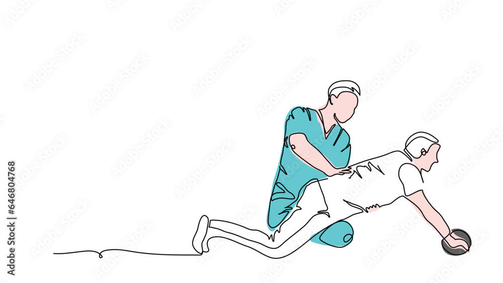 Spine, back rehabilitation therapy. Physiotherapy treatment vector illustration. One continuous line art drawing of spine rehabilitation