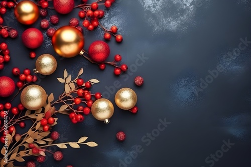 Christmas golden balls and berries on a black flat background with space for text