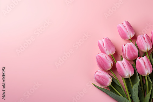 Pin tulips on a pink background, place for a text 