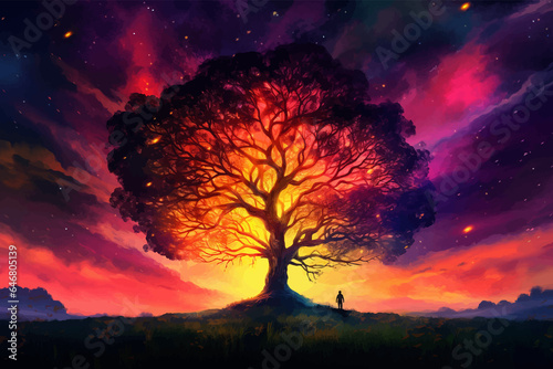 Man and magic old tree. Fantasy landscape with a magic tree and a man standing on a hill. Silhouette of a man on the background of a big tree. Sunset scene. Sunrise. Fairy tale. Vector illustration #646805139