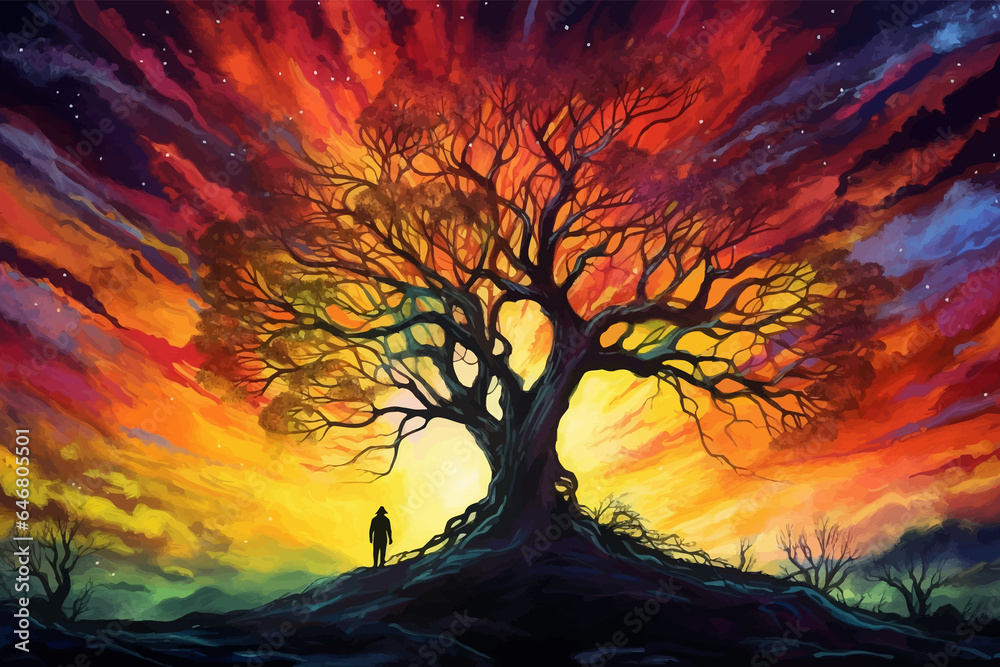 Man and magic old tree. Fantasy landscape with a magic tree and a man standing on a hill. Silhouette of a man on the background of a big tree. Sunset scene. Sunrise. Fairy tale. Vector illustration Man and magic old tree. Fantasy landscape with a magic tree and a man standing on a hill. Silhouette of a man on the background of a big tree. Sunset scene. Sunrise. Fairy tale. Vector illustration