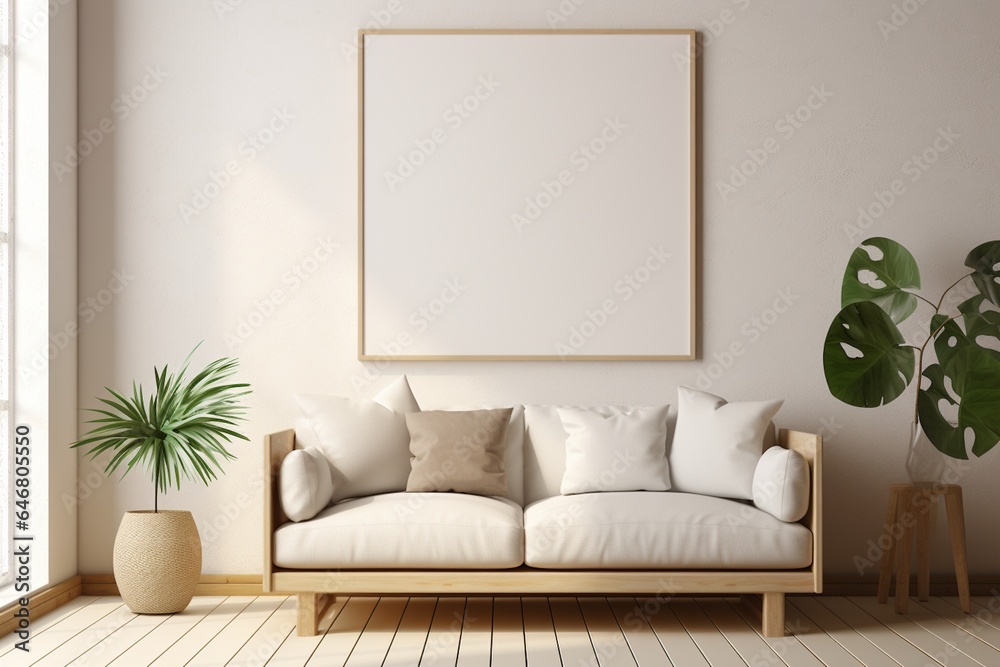 Fototapeta premium Modern Aesthetic Interior Design with Small Blank Poster Created with Generative AI