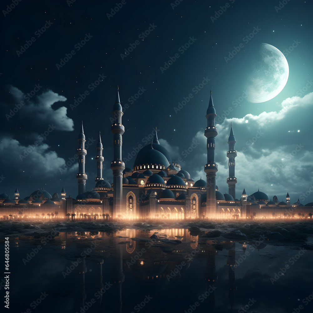 Ramadan night view with mosque and moon in the desert