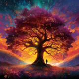 Man and magic old tree. Fantasy landscape with a magic tree and a man standing on a hill. Silhouette of a man on the background of a big tree. Sunset scene. Sunrise. Fairy tale. Vector illustration