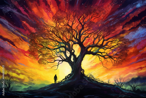 Man and magic old tree. Fantasy landscape with a magic tree and a man standing on a hill. Silhouette of a man on the background of a big tree. Sunset scene. Sunrise. Fairy tale. Vector illustration