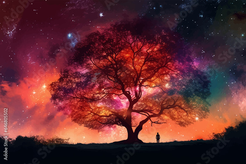 Man and magic old tree. Fantasy landscape with a magic tree and a man standing on a hill. Silhouette of a man on the background of a big tree. Sunset scene. Sunrise. Fairy tale. Vector illustration